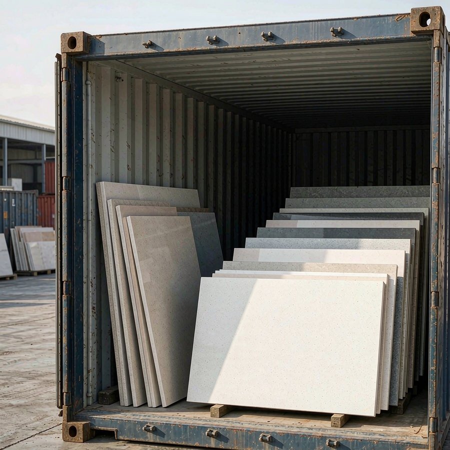 Quartz slab MOQ container load with mixed colours in a factory yard