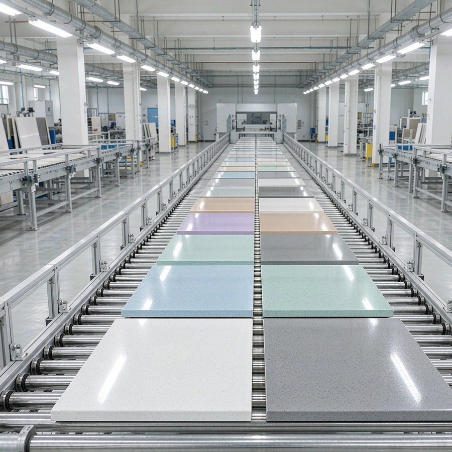 Standard and custom colour quartz slabs on a factory production line