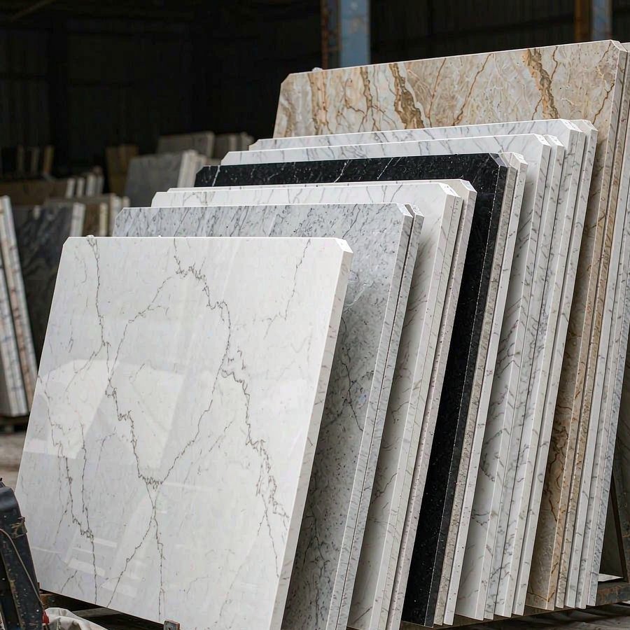 Mixed colour quartz slabs stacked for a minimum order quantity shipment