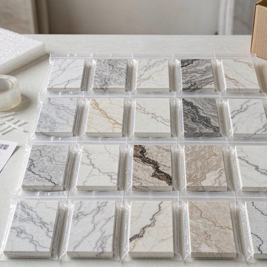 Quartz slab samples ready for shipping before confirming full MOQ order