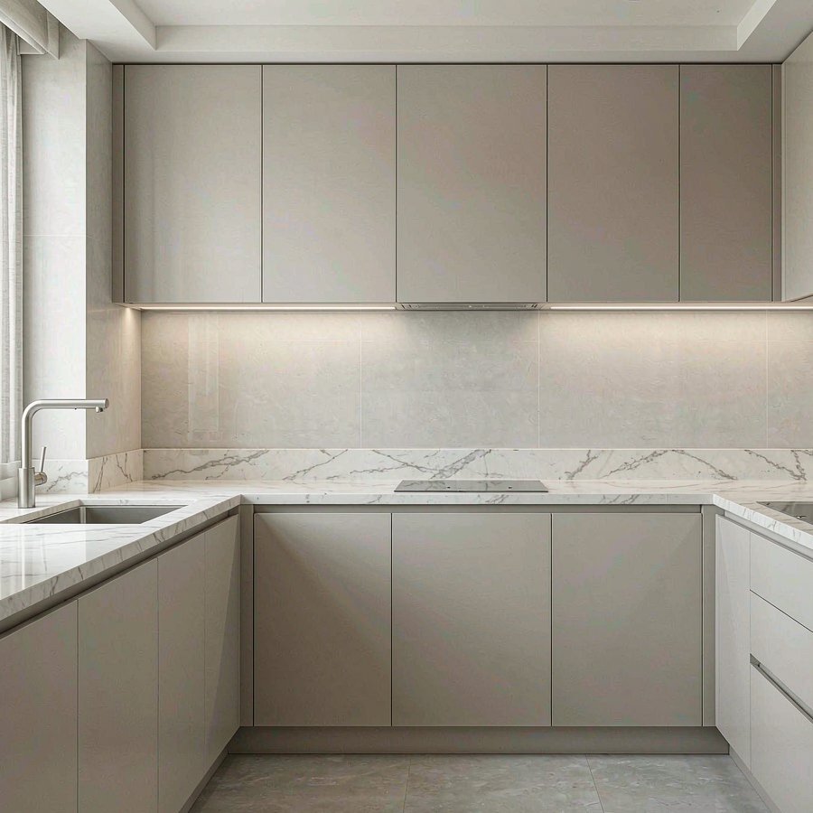 1790760841963854588945481728.jpg Quiet grey veined quartz countertops in a minimalist kitchen design