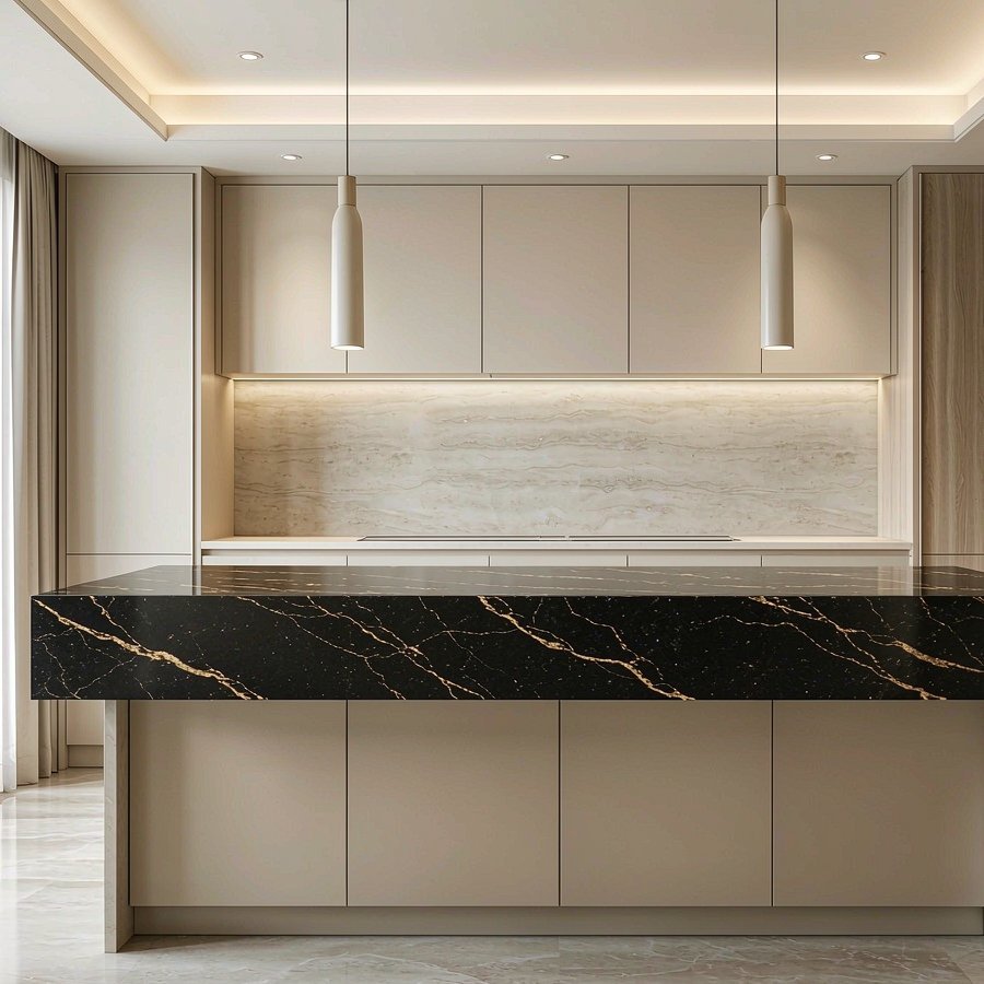 1790760843963854596218404864.jpg Bold black and gold veined quartz island countertop in a luxury kitchen