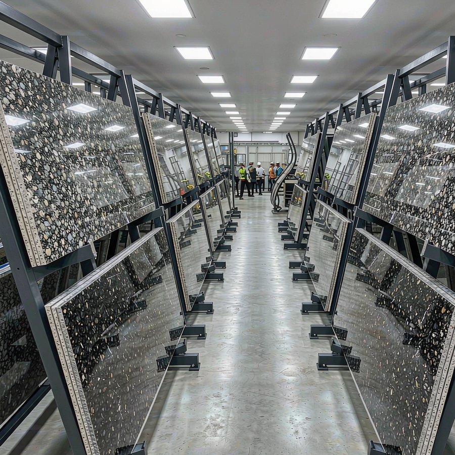 1791191191965659606149955584.jpg Rows of polished quartz slabs on steel racks in a factory, sorted by grade for export orders