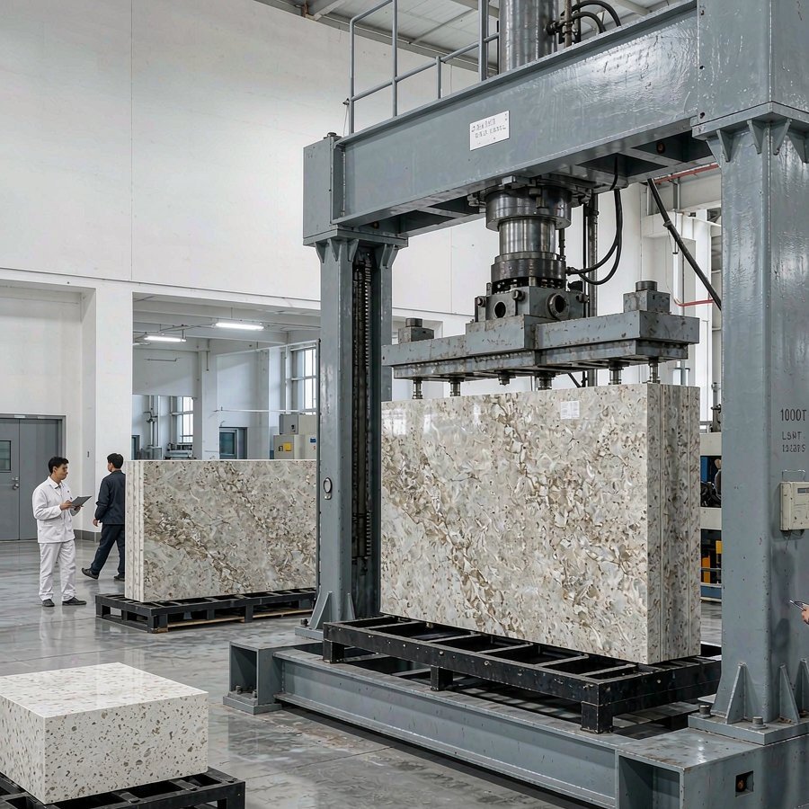 1791191192965659610457505792.jpg Hydraulic press line inside a quartz slab factory forming full-size quartz slabs