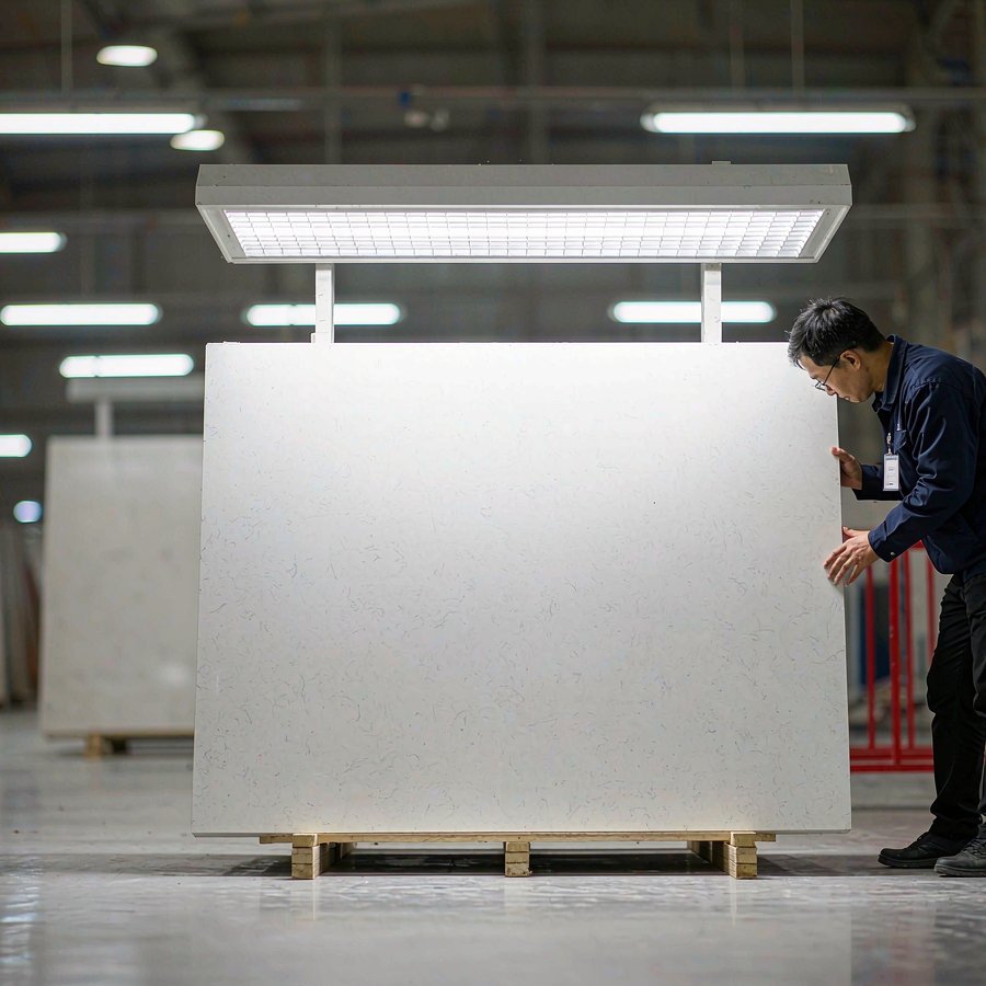 1791191193965659613913612288.jpg Quality inspection station in a quartz factory where a technician checks slab surface against grade standards