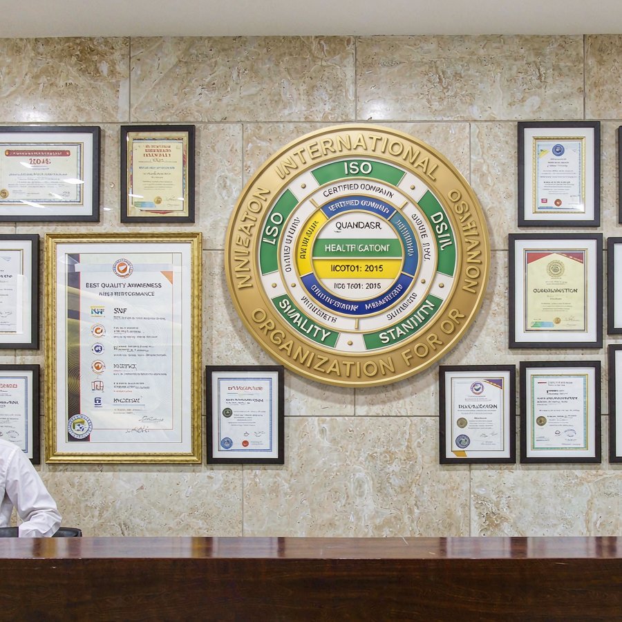 1791191194965659618326020096.jpg Wall of ISO NSF SGS certification plaques displayed by a quartz slab factory