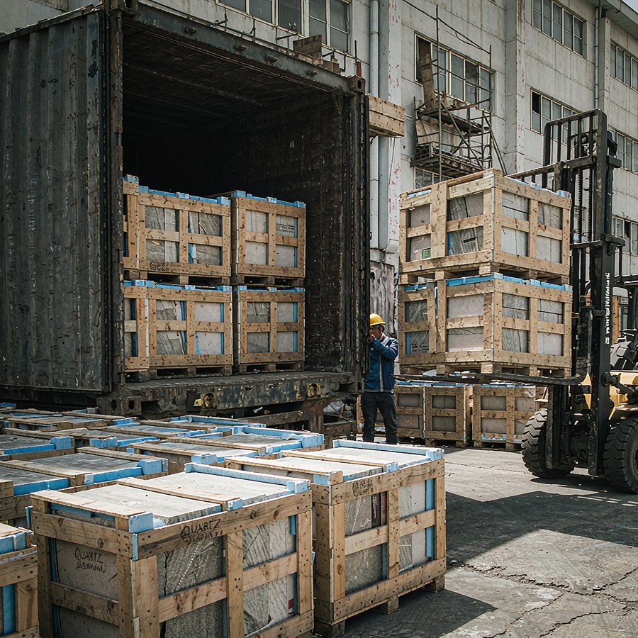 1791191195965659622759399424.jpg Export container being loaded with crated quartz slabs at a quartz slab factory loading dock