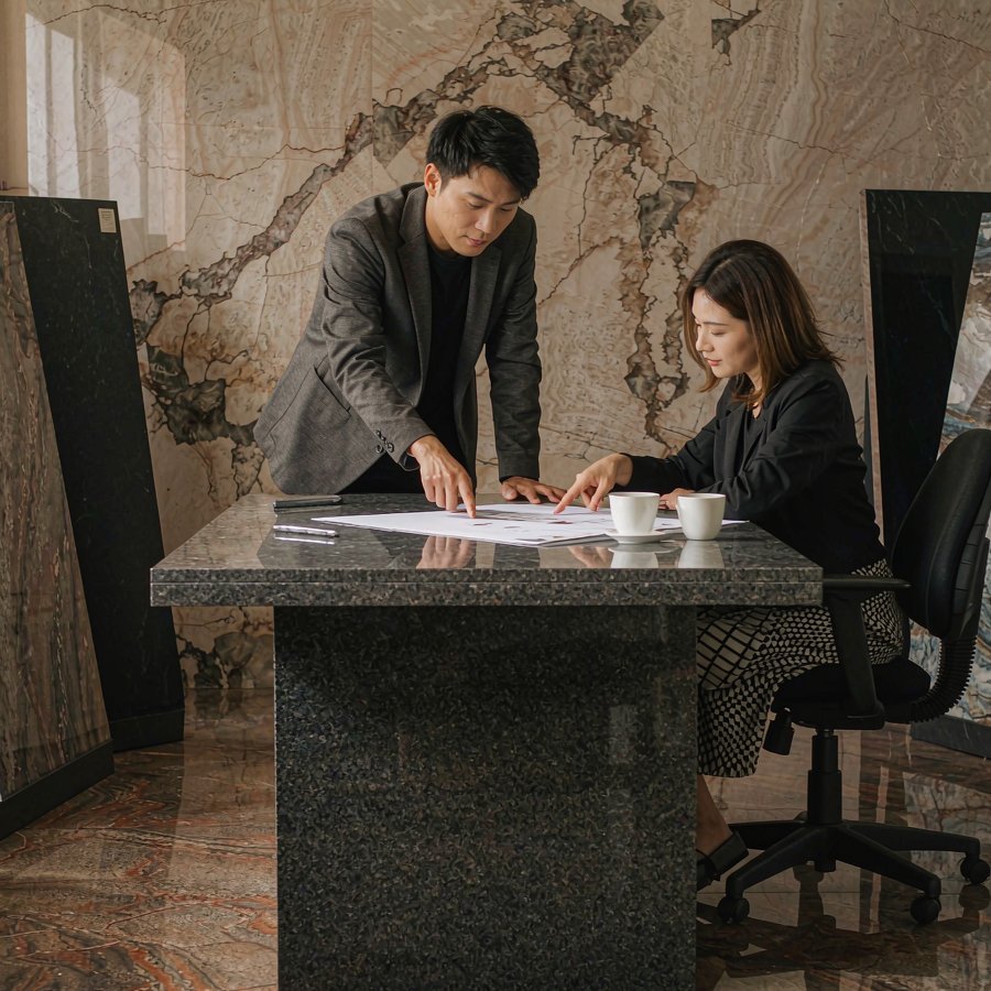 A buyer reviewing a quotation sheet with a supplier — confirming the quartz slab FOB terms