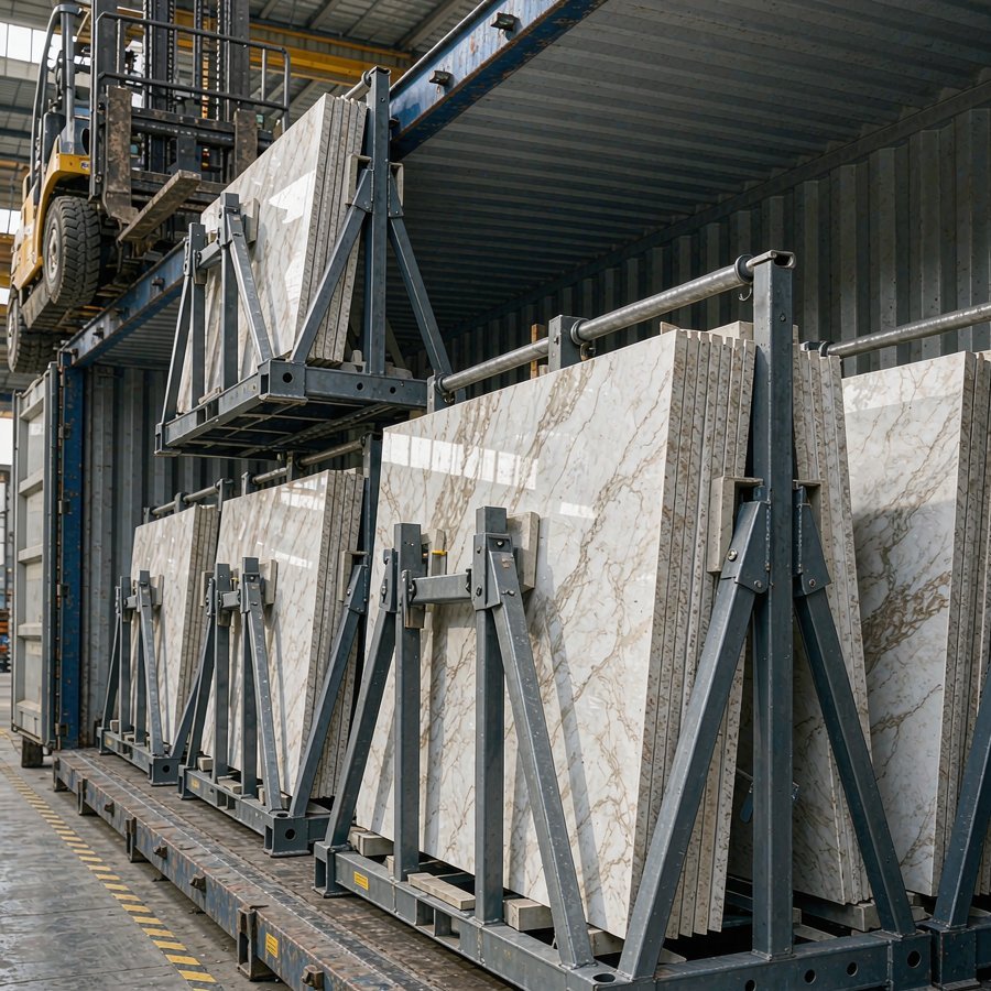 1791267922965981440162693120.jpg Quartz slabs packed on steel A-frame crates for a container load quartz export shipment