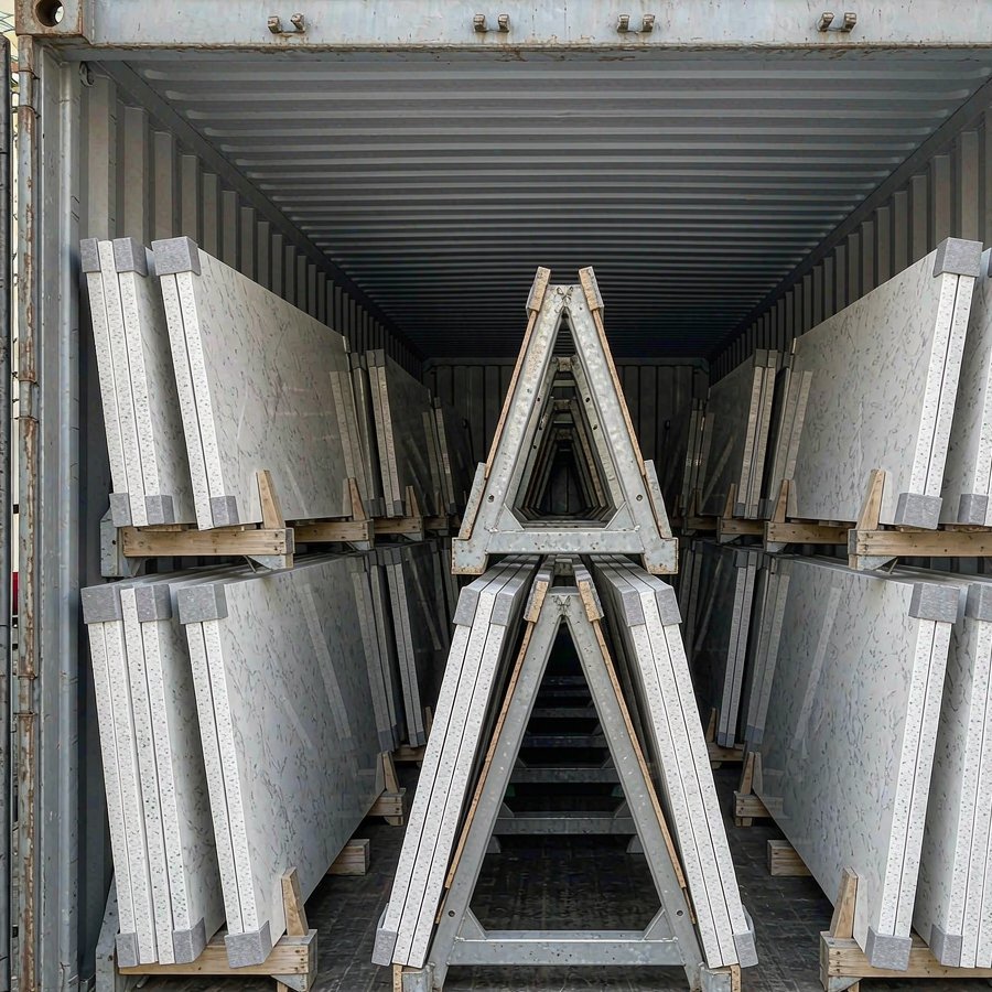 1791267923965981443589439488.jpg Inside a shipping container with quartz slab A-frame crates for a container load quartz export