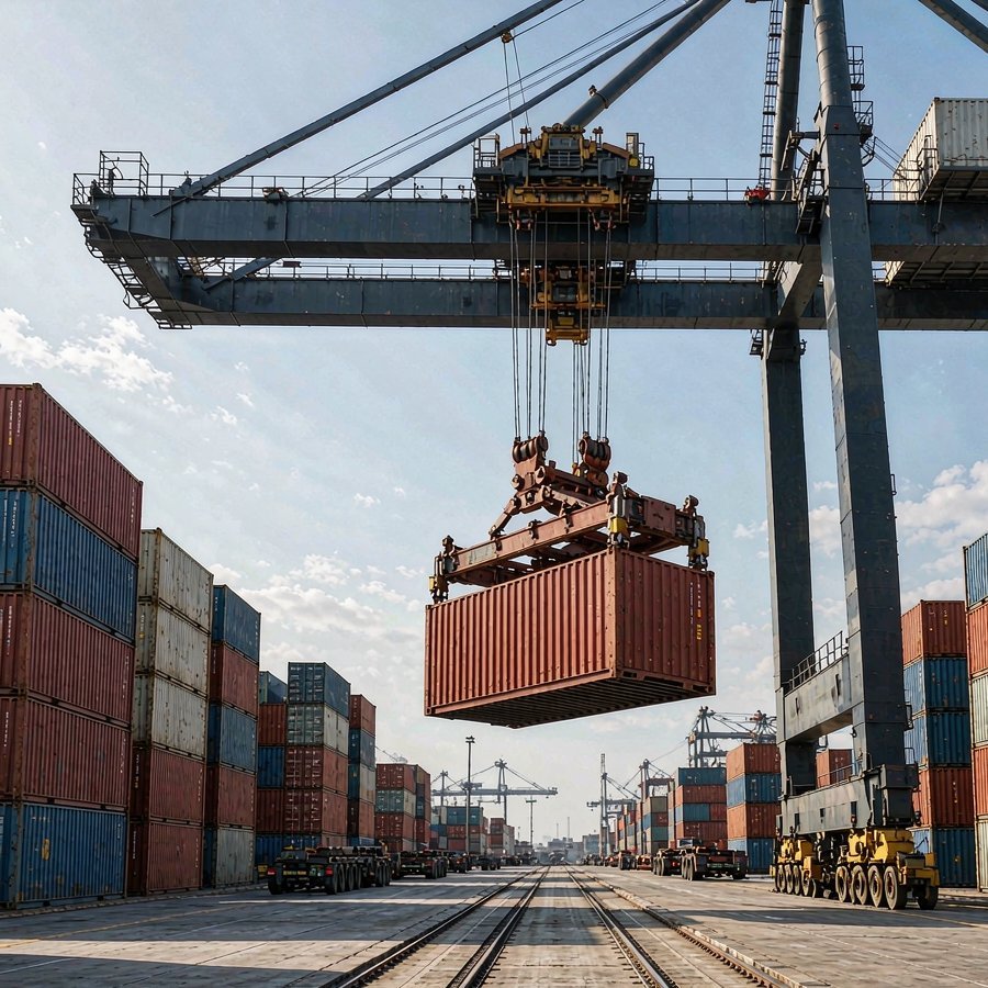 1791267924965981450992386048.jpg Gantry crane lifting a container of quartz slabs at a seaport export terminal