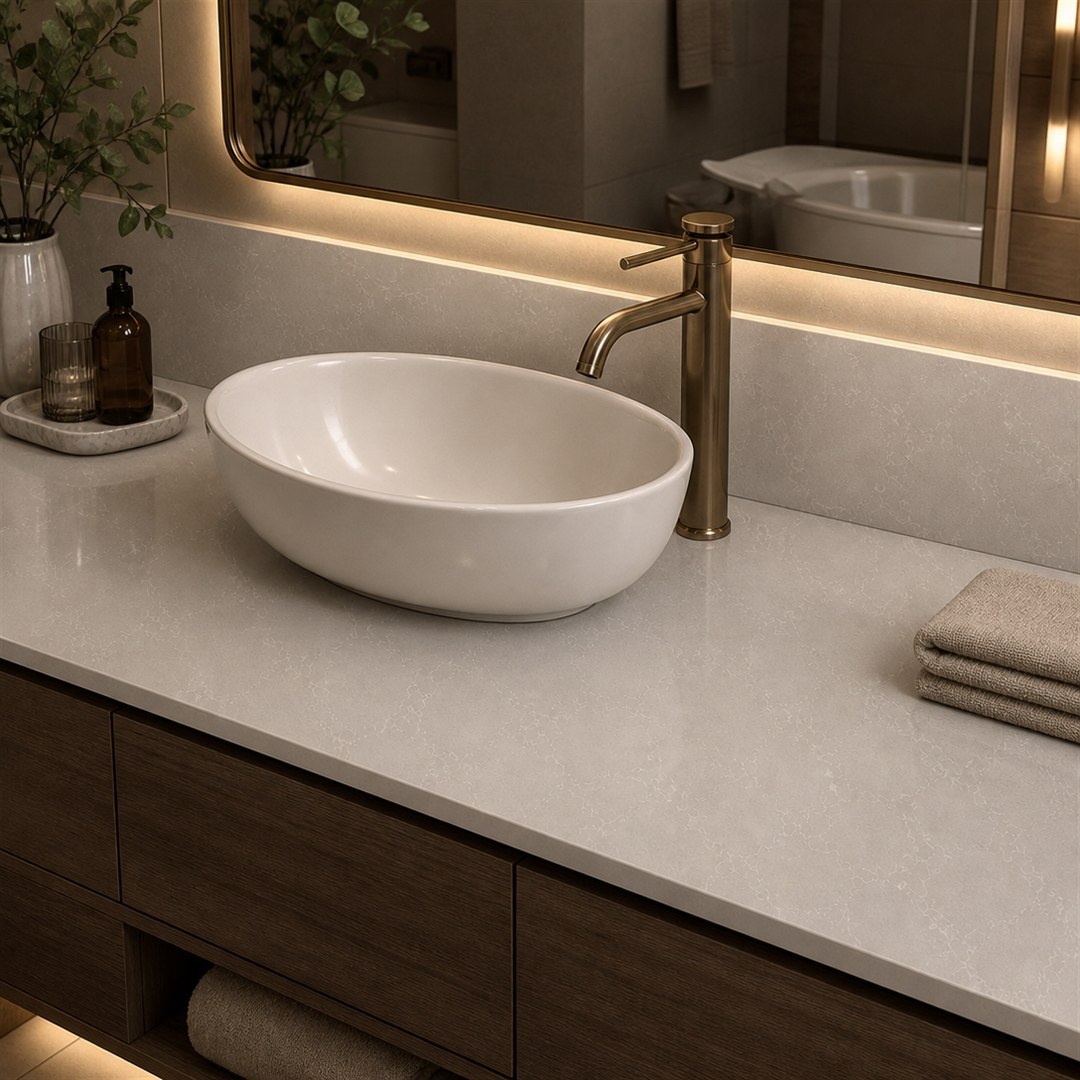 1792129793969596387535933440.jpg Undermount sink cutout in a white quartz countertop with a flat waterfall edge