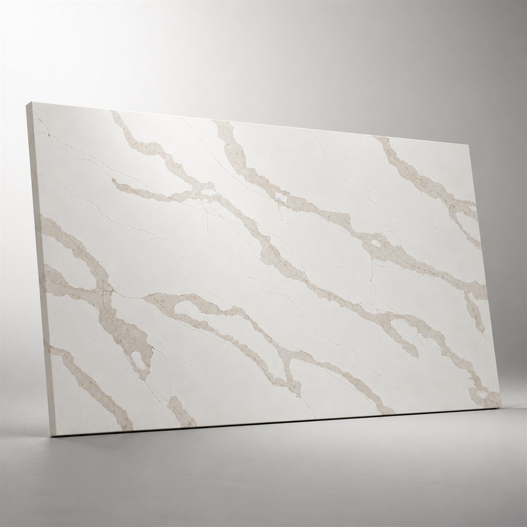 White quartz slab with warm gold veining in a controlled repeating pattern