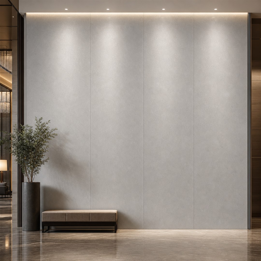 Large-format light grey quartz slabs installed as a commercial reception feature wall
