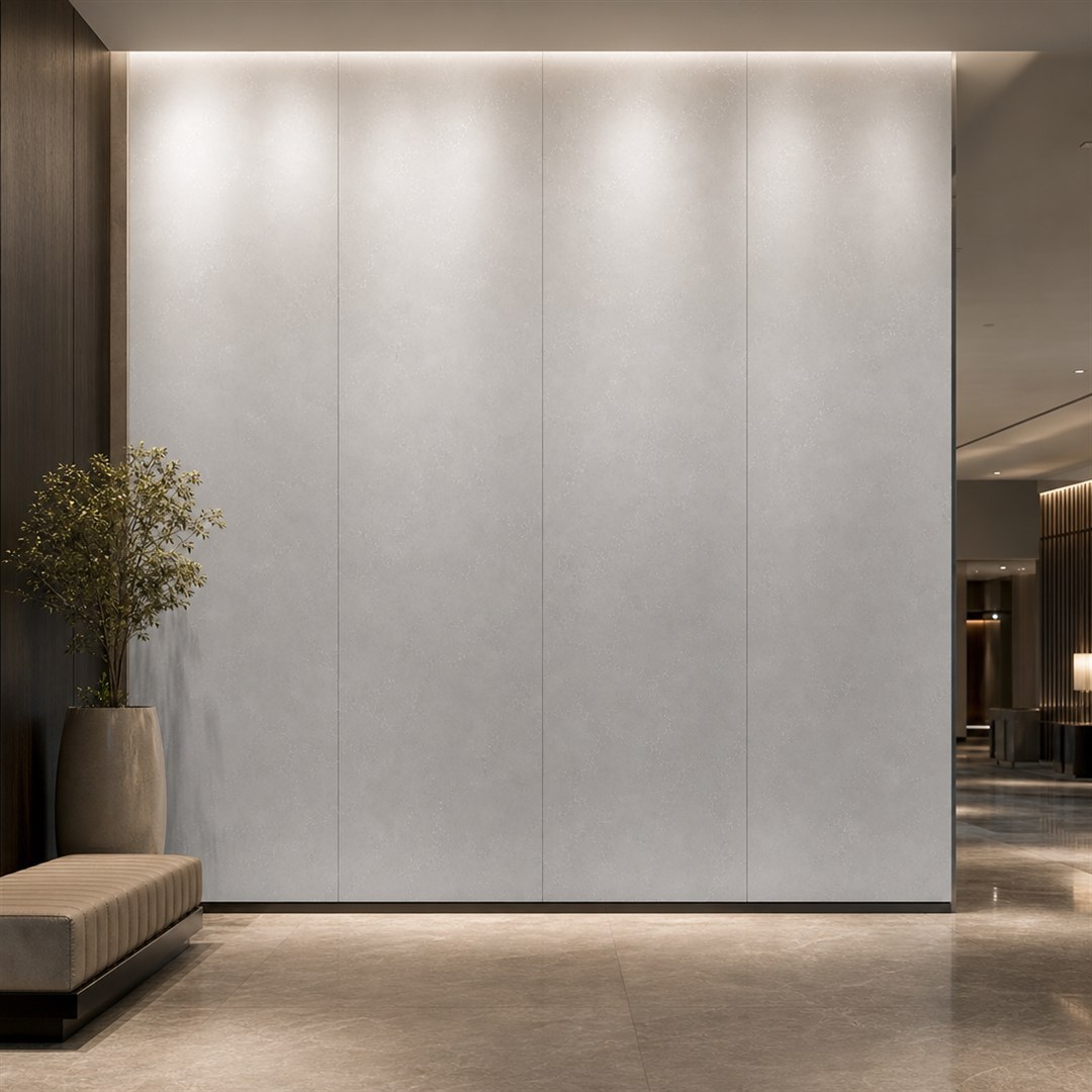 Light grey quartz slab panels forming a commercial interior wall feature