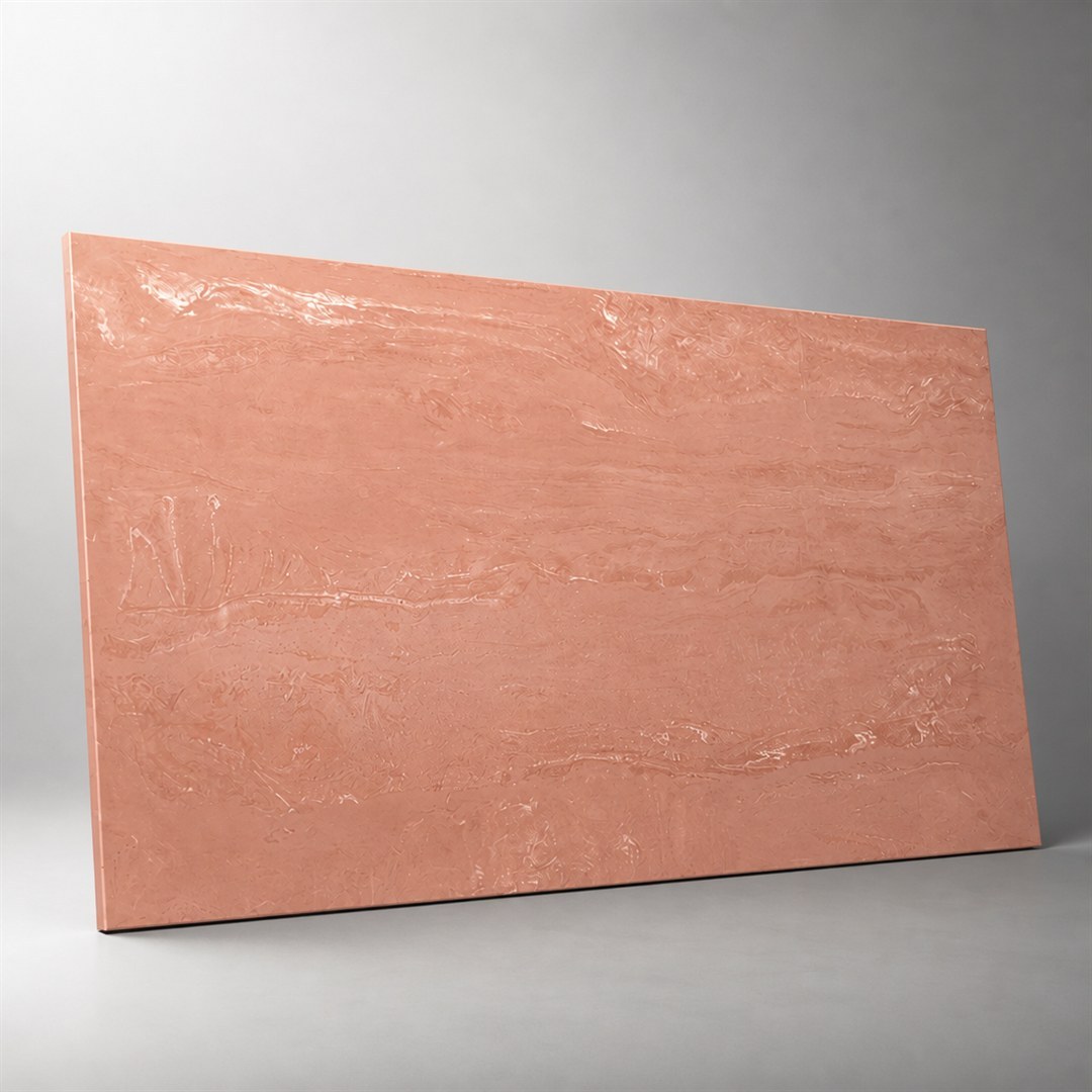 Quartz slab showing warm veining used in a dark luxury commercial kitchen